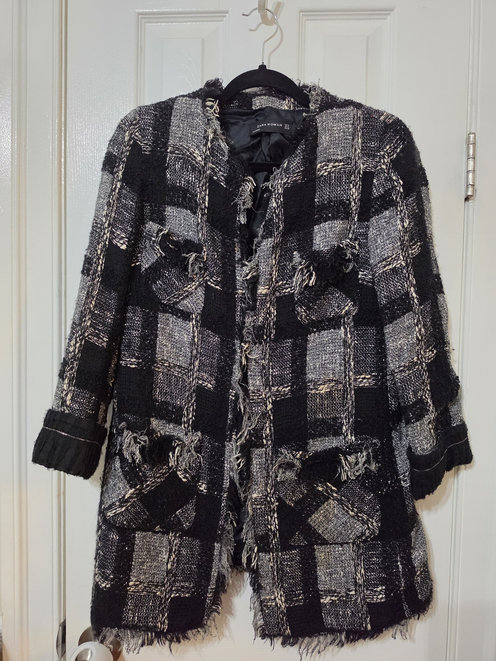 Zara Black & Gray Tweed Fringe Coat